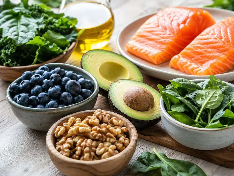 A spread of whole foods linked to brain health: salmon, walnuts, blueberries, avocado, and leafy greens