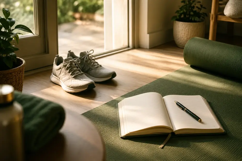 A quiet morning routine: a yoga mat, walking shoes, and an open journal by a sunlit window